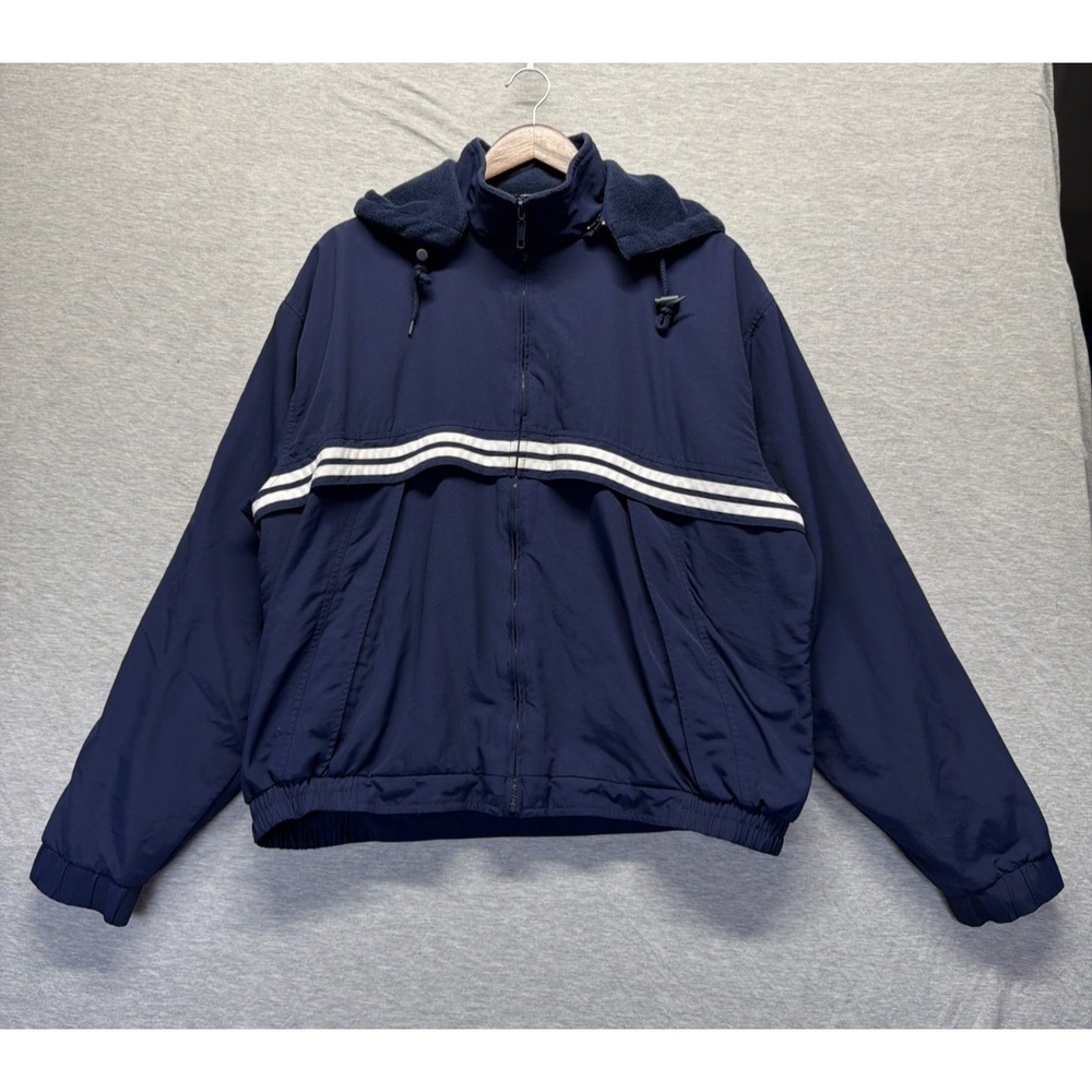 VTG VOS Sports Windbreaker Jacket Men Large Navy Blue Striped Nylon Fleece Lined